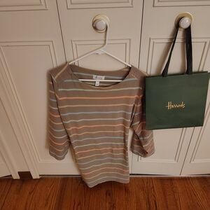 ☕Denim&Co Mocha Scoop Neck Top with Pastel Stripes